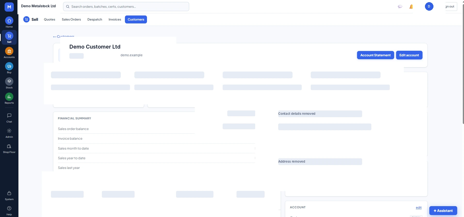 MetlSys customer account screen with a financial summary
