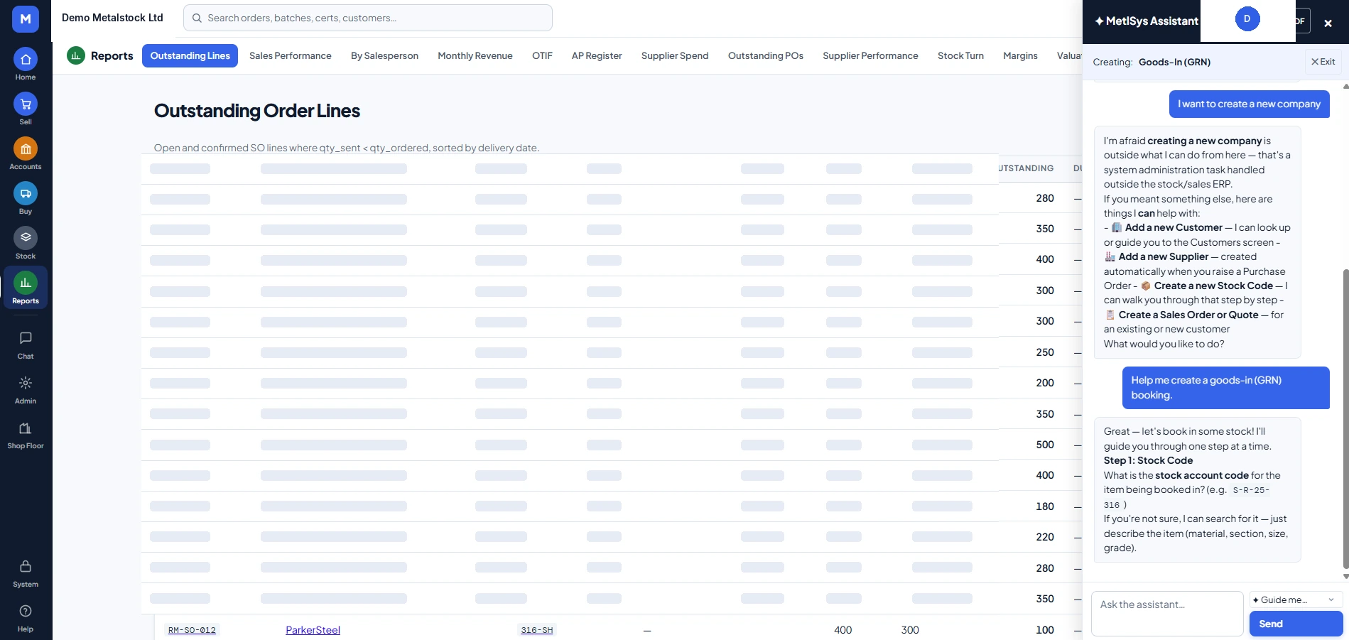 MetlSys outstanding order lines report with the AI assistant open