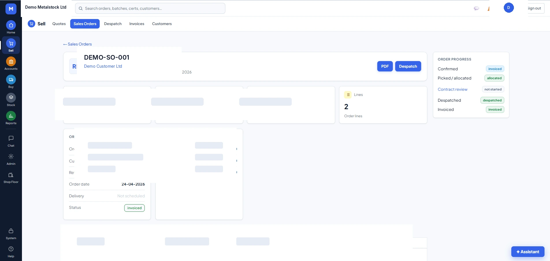 MetlSys ERP sales order screen with despatch and order-progress tracking