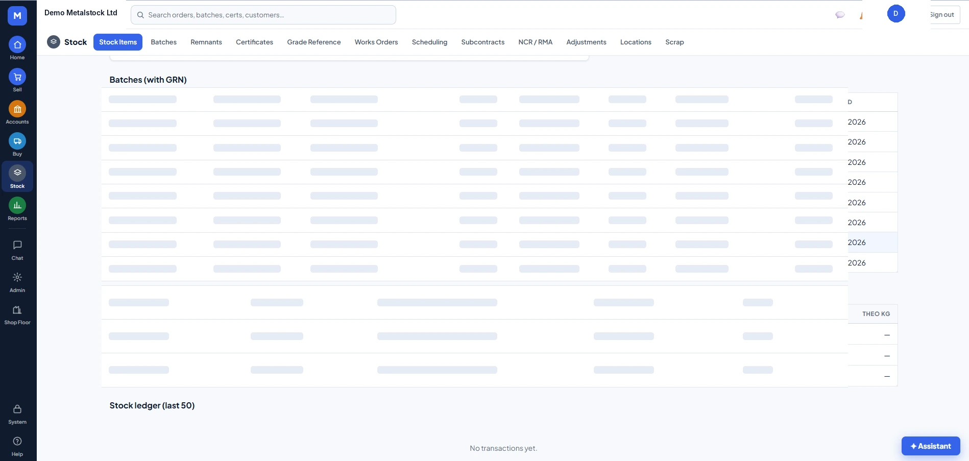 MetlSys stock and batch screen with EN 10204 heat and certificate traceability