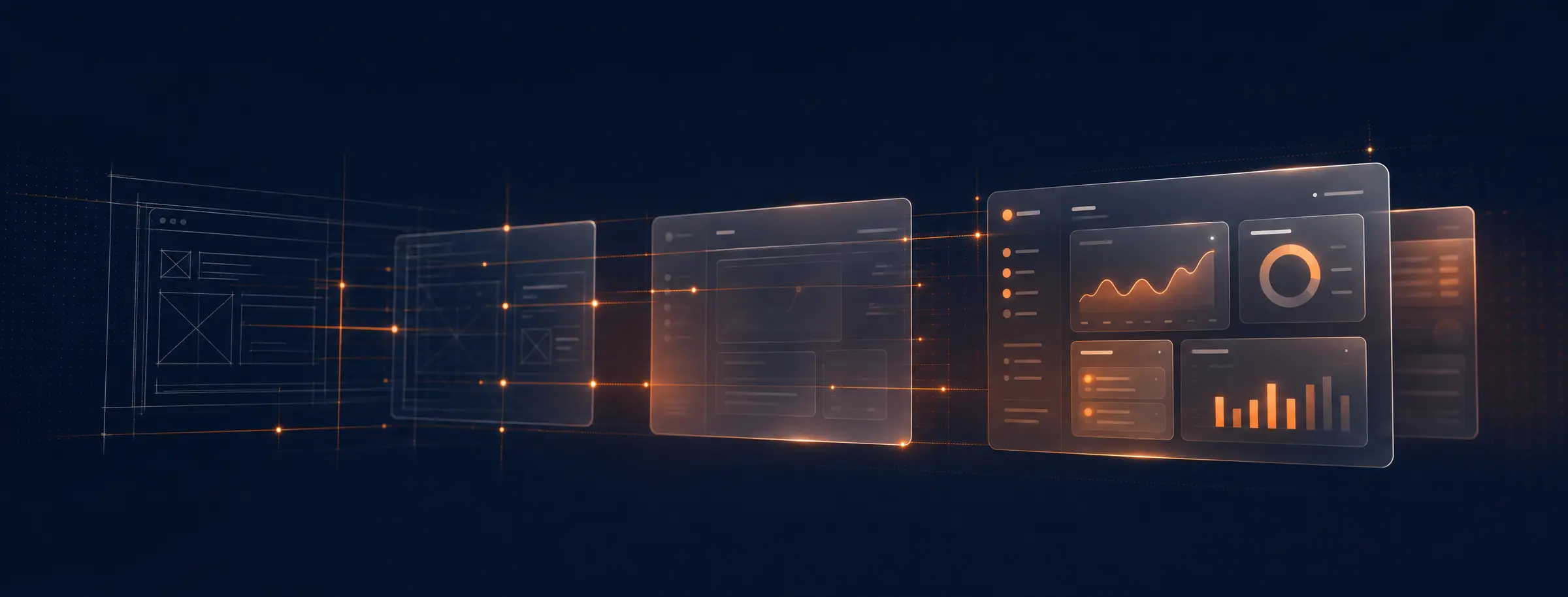 Reload IT brand key art: a wireframe blueprint on the left resolving into a finished glass dashboard on the right, linked by glowing orange construction lines on deep navy — the craft of building software