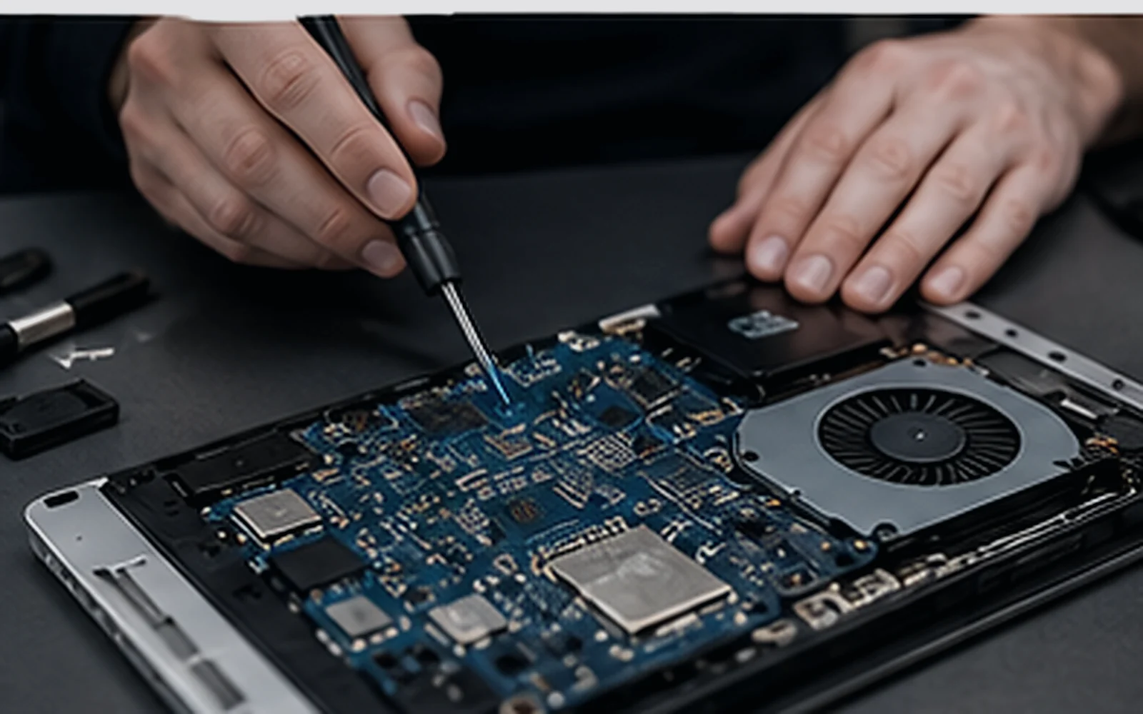 Hands-on computer hardware diagnostics at a workshop bench