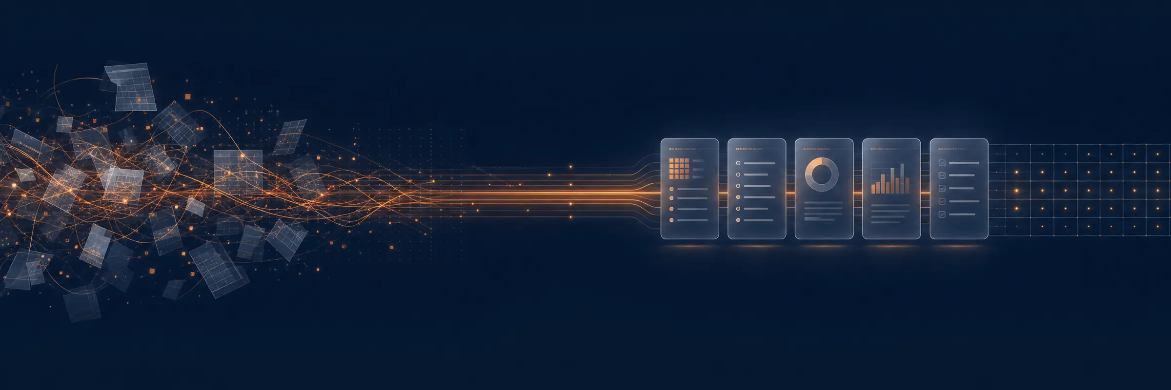 Reload IT brand key art: scattered spreadsheet fragments on the left resolving through orange data-flow lines into an ordered row of clean software panels on deep navy