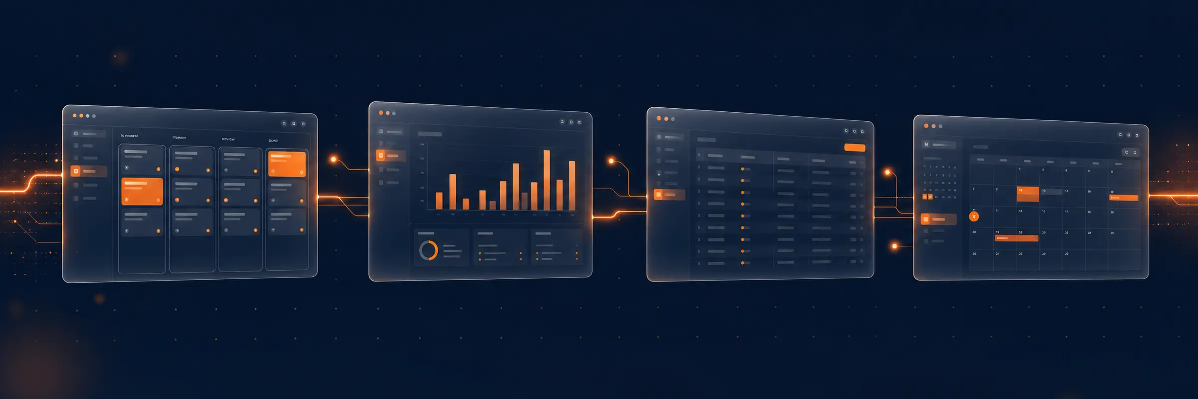 Reload IT brand key art: a row of translucent glass application panels — a kanban task board, a bar-chart dashboard, a data table and a calendar — linked by glowing orange lines on deep navy