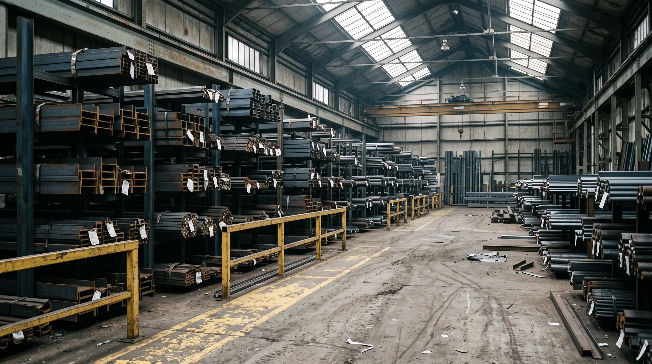 Racked steel sections and tube in a UK steel stockholder's warehouse, the industry MetlSys was built for