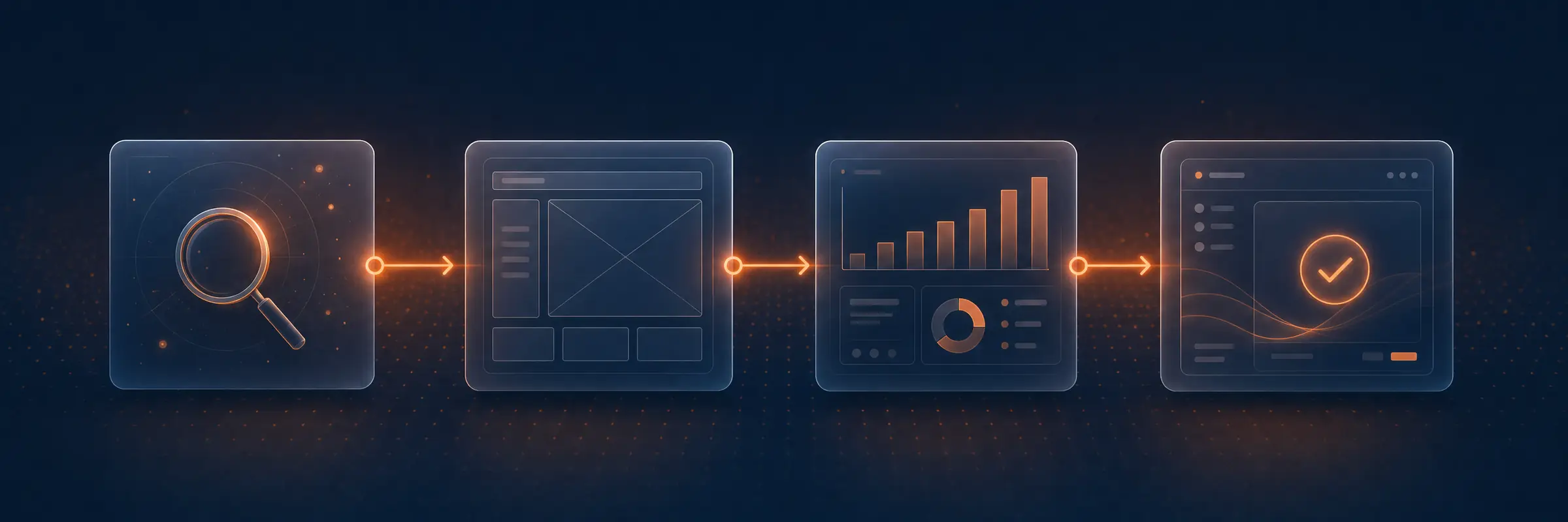 Reload IT brand key art: four connected glass stages — a discovery magnifier, a wireframe, a build dashboard and a running app with a checkmark — linked left to right by orange arrows on deep navy