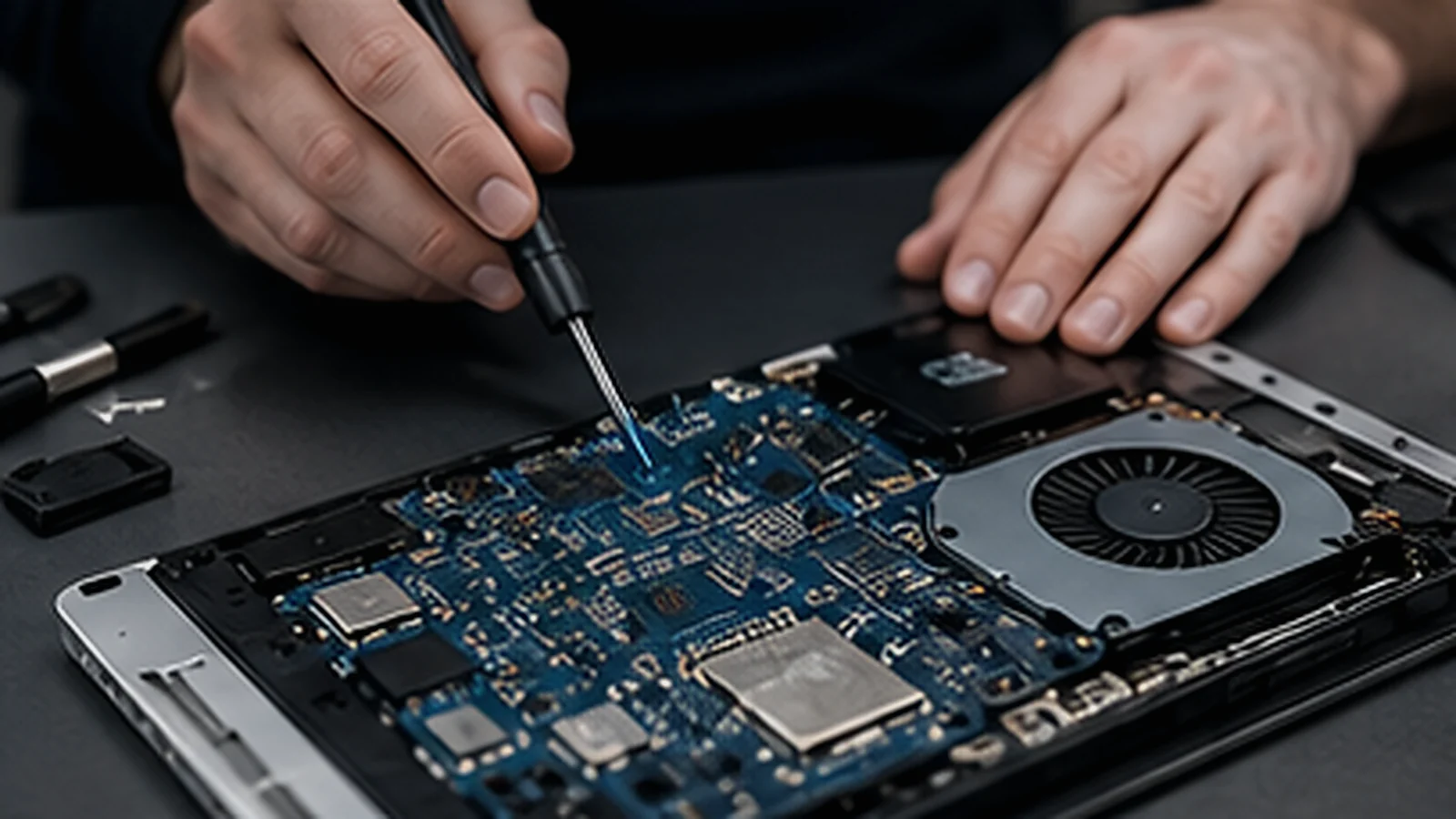 Technician diagnosing and repairing computer hardware on a workshop bench