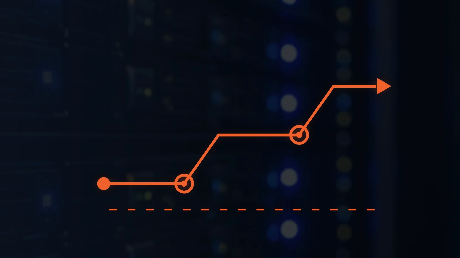 Orange IT roadmap line with milestone markers over darkened server racks