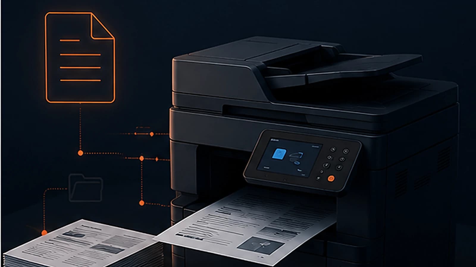 Office multifunction printer producing documents, for managed print and document management