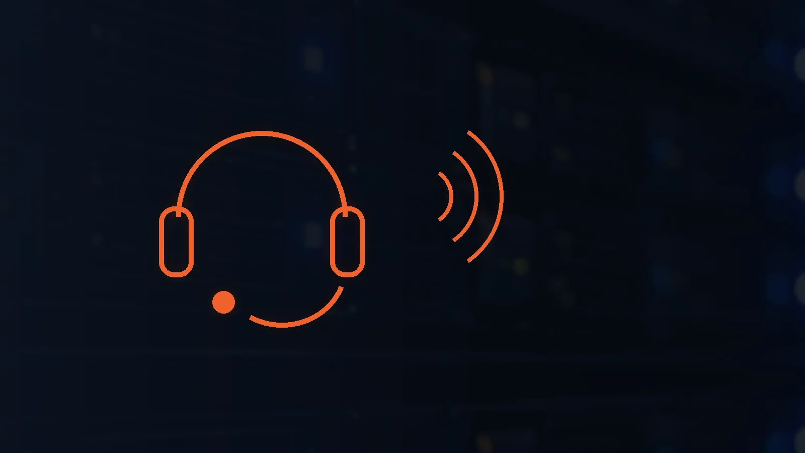 Glowing orange support headset with signal arcs over darkened server racks