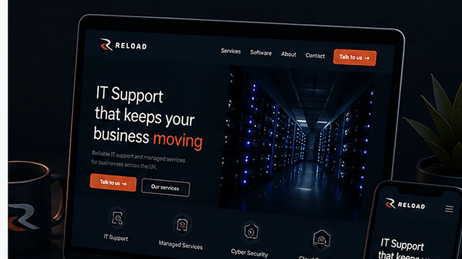 Reload IT business website shown on a laptop and phone, responsive across devices