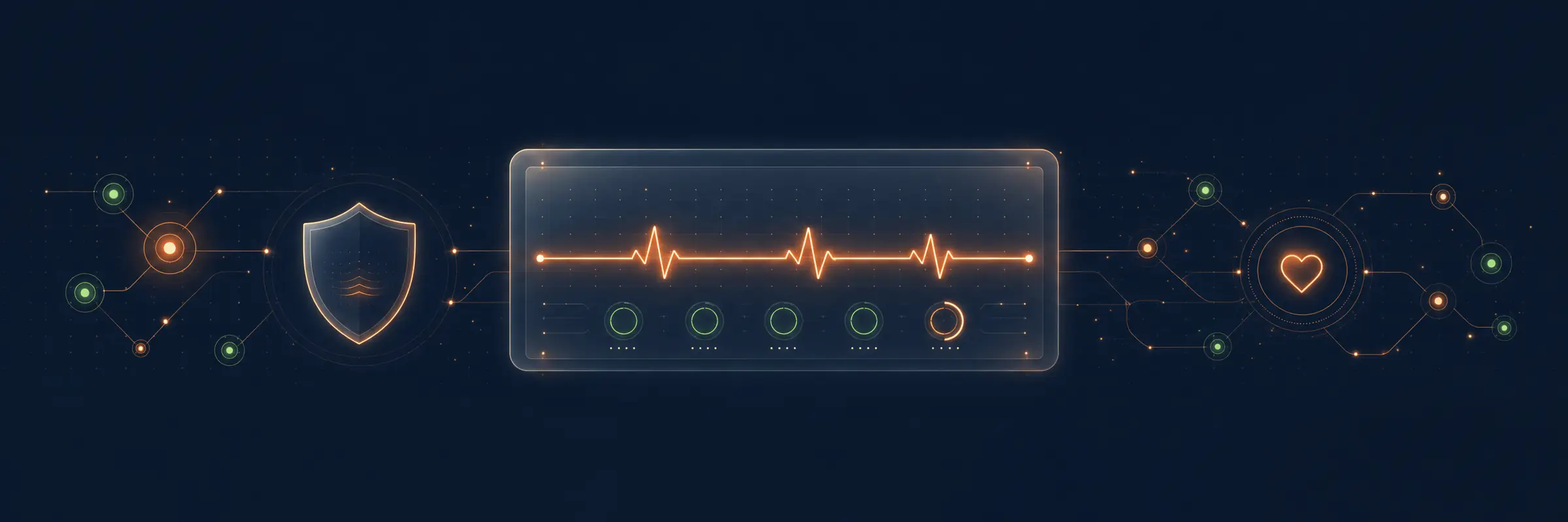 Reload IT brand key art: a glass software-monitoring panel with an orange uptime pulse and green status rings, flanked by a shield, on deep navy — software watched over and kept running
