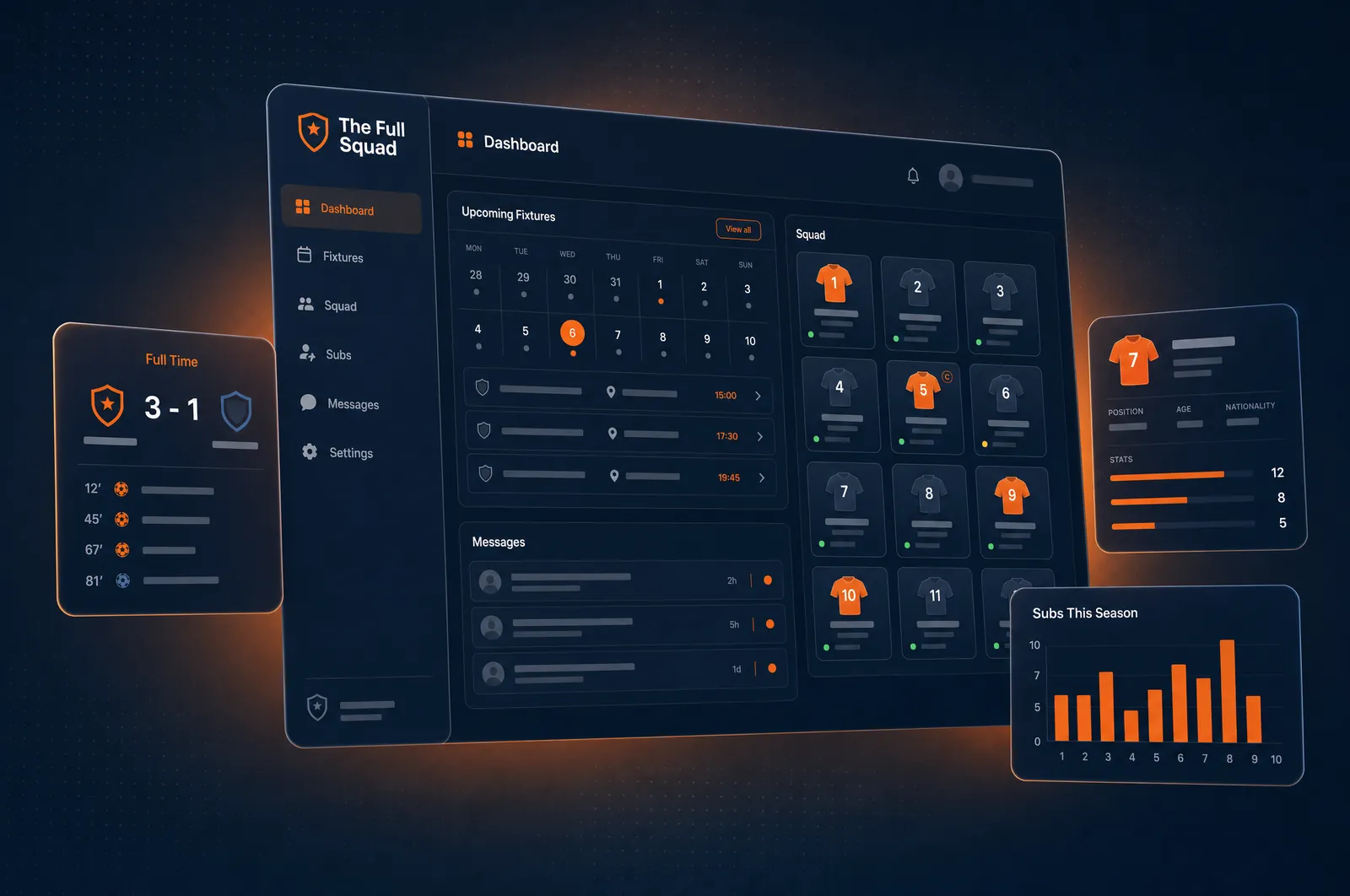 Concept visual of The Full Squad club management web app: fixtures calendar, numbered-shirt squad grid, match result and subs tracking in navy and orange